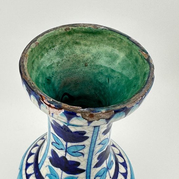 Antique Handmade Hand Painted Glazed Terracotta Vase Iznic Pottery Blue 6.5" H - Picture 8 of 12